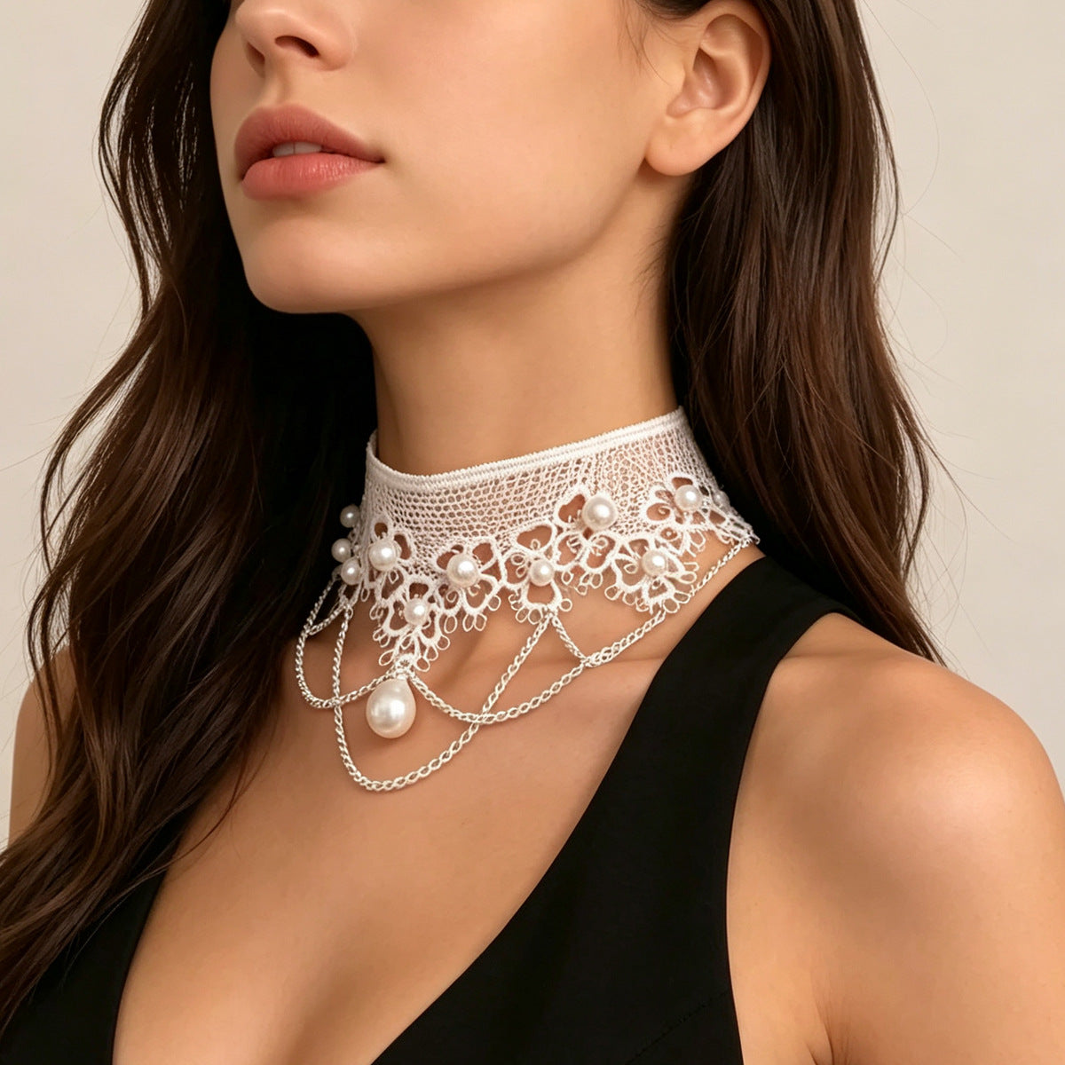 Pearl Lace Choker Necklace with Layered Tassel Details