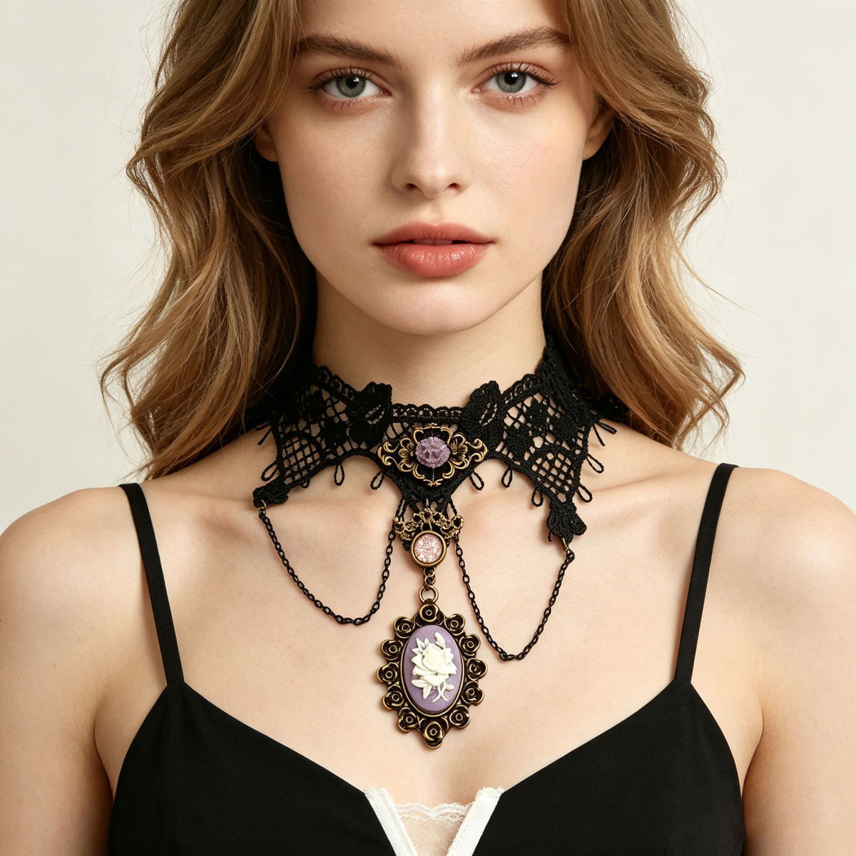 Purple Flower Pendant Black Lace Choker Necklace