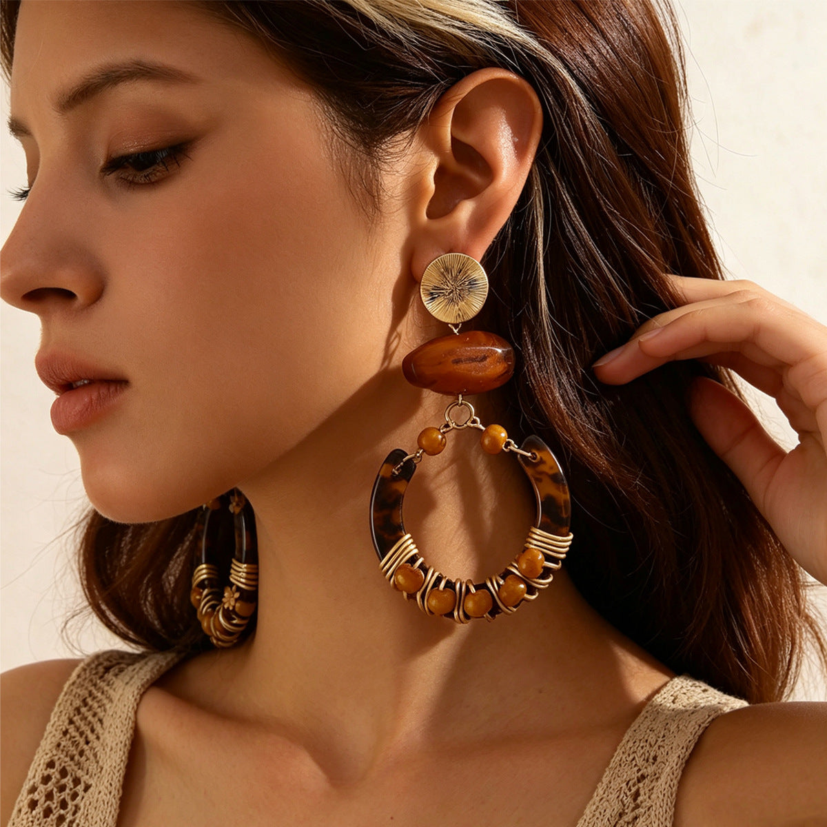Amber Bohemian Geometric Dangle Earrings with Hand-Wrapped Beaded Details