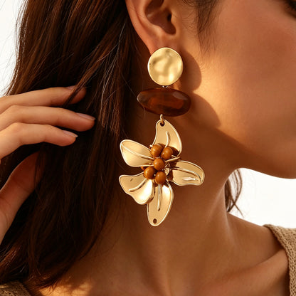Caramel Gold Flower Drop Earrings