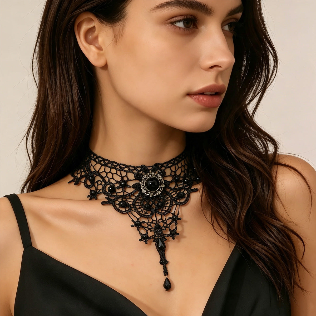 Gothic Vintage Lace Choker Necklace with Teardrop Tassel Pendant