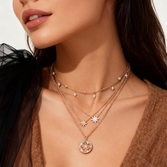 Vintage Layered Necklace for Women with Faux Pearl & Rhinestone Star Pendant