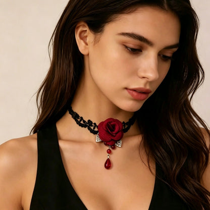 Vintage Red Rose Lace Choker Necklace