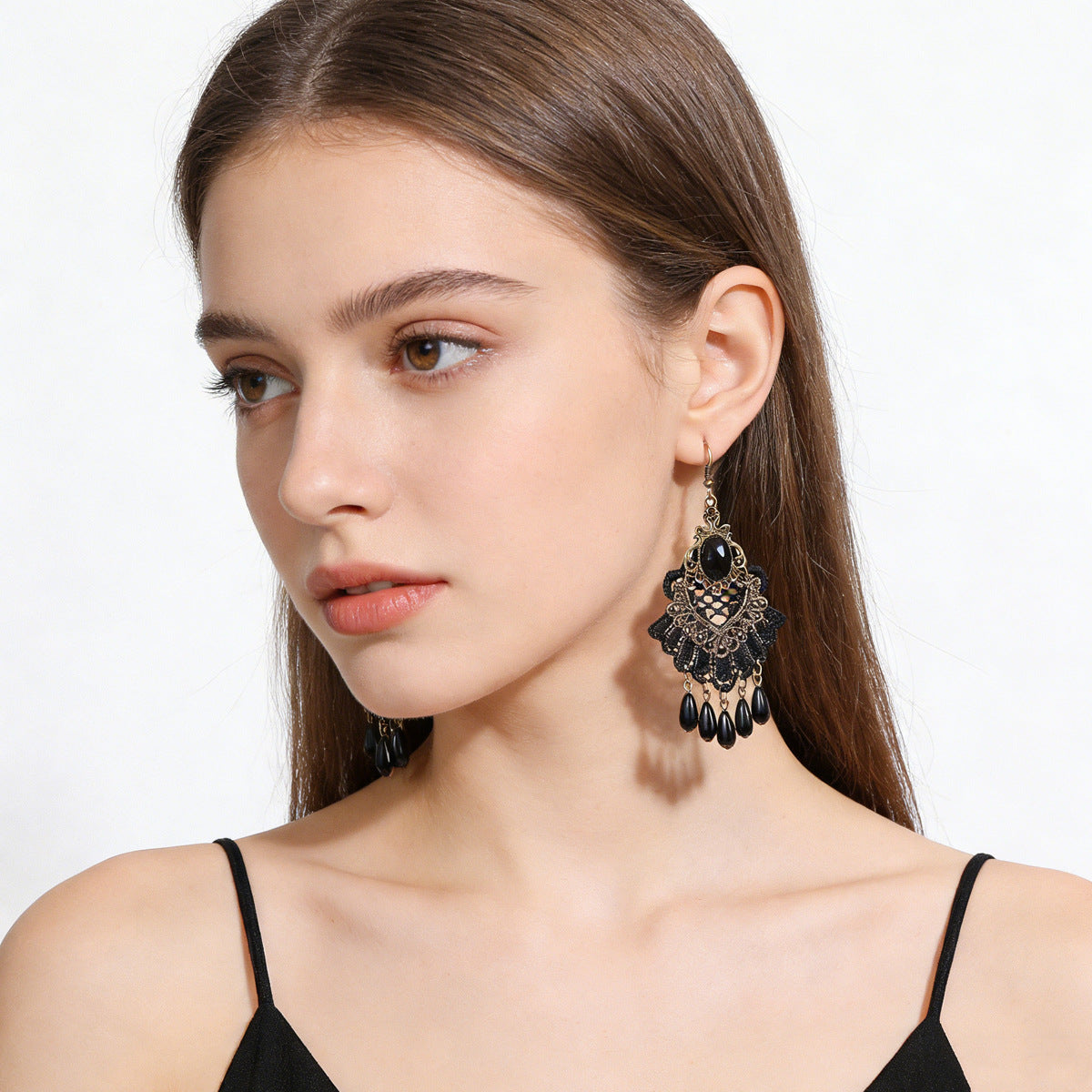 Vintage Lace Tassel Drop Earrings with Jewel-Tone Center