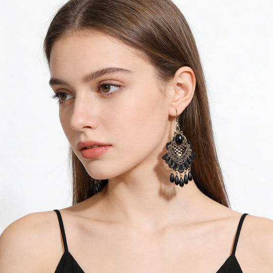 Vintage Lace Tassel Drop Earrings with Jewel-Tone Center