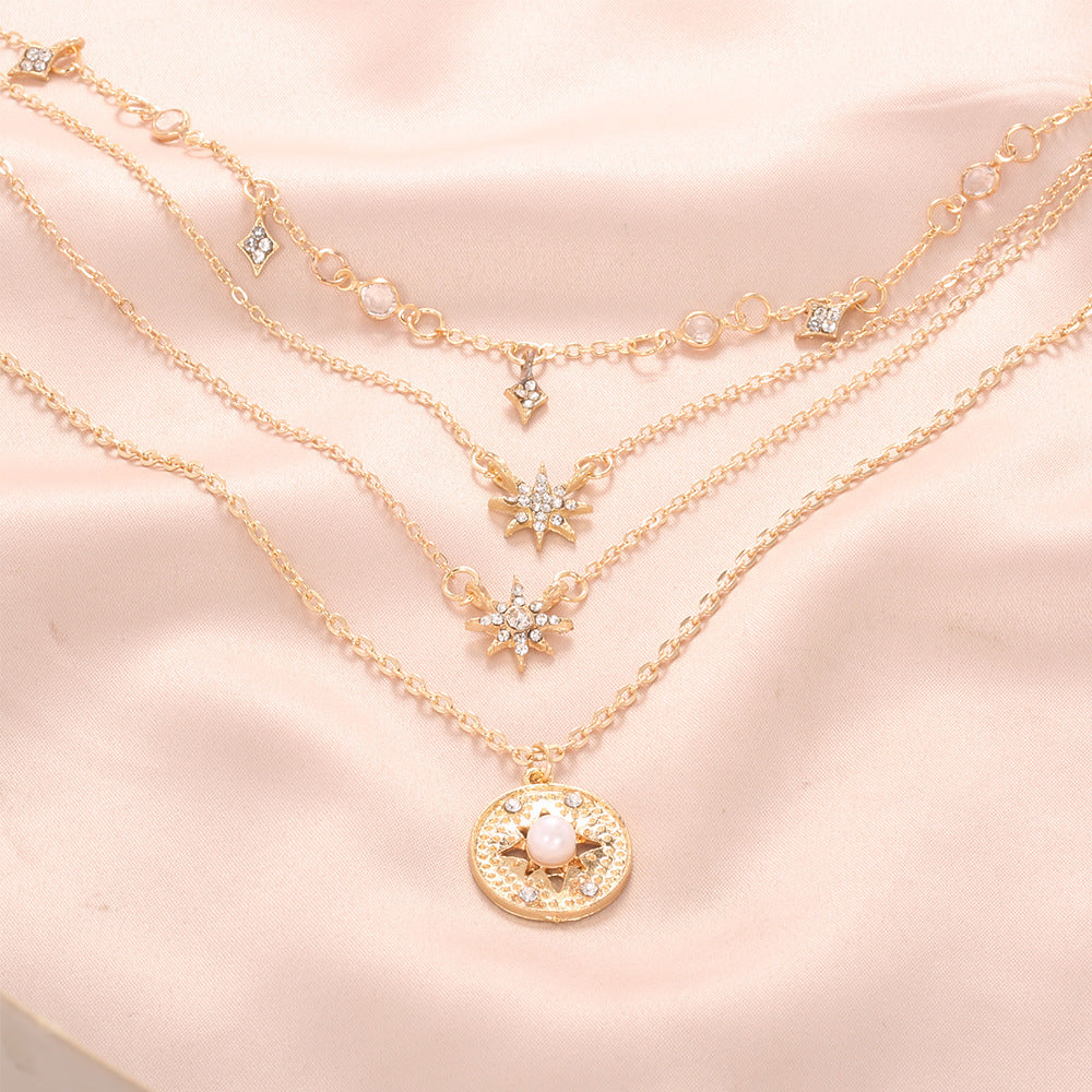 Vintage Layered Necklace for Women with Faux Pearl & Rhinestone Star Pendant