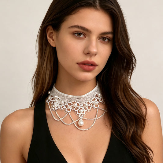 Pearl Lace Choker Necklace with Layered Tassel Details