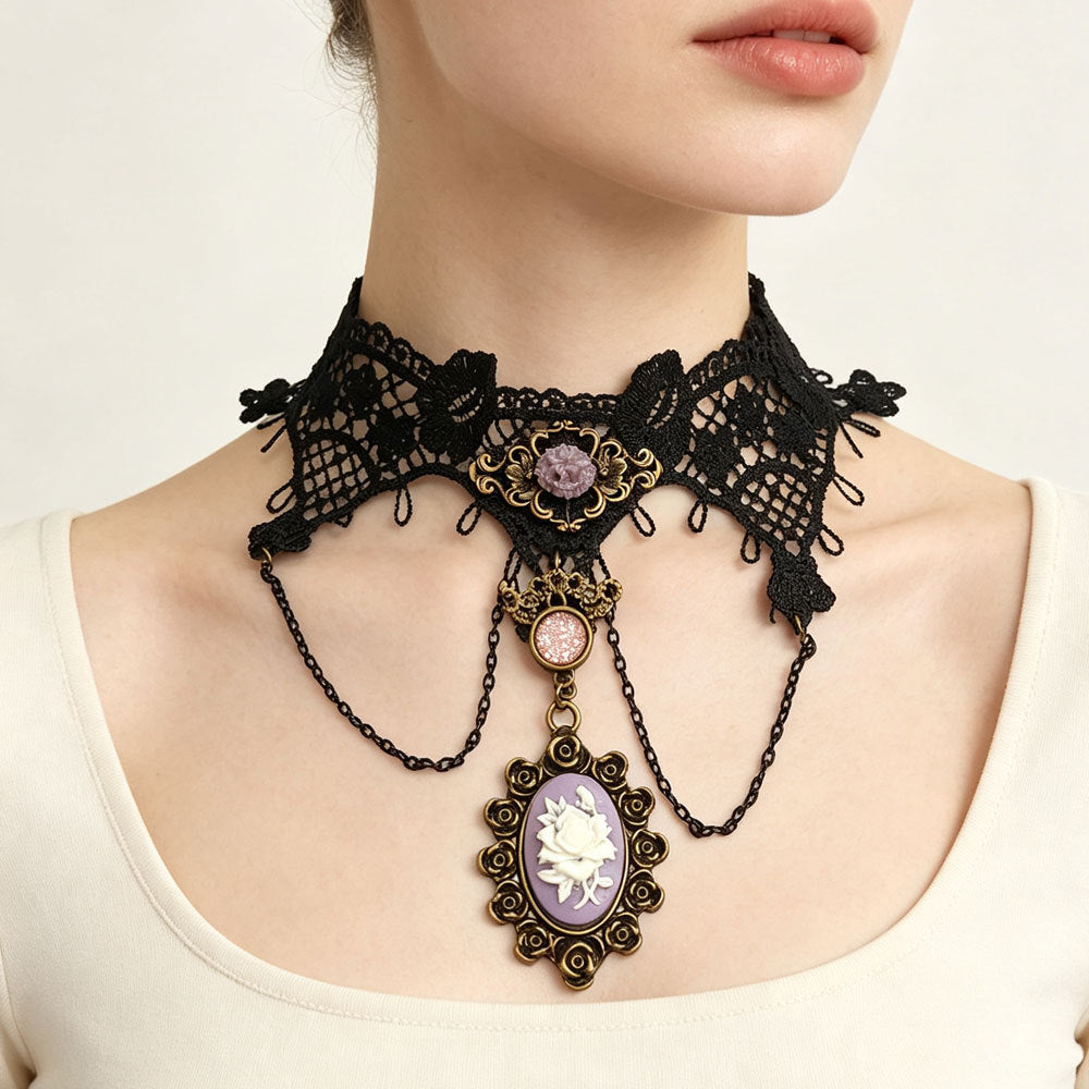 Purple Flower Pendant Black Lace Choker Necklace
