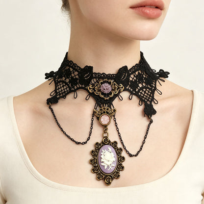 Purple Flower Pendant Black Lace Choker Necklace