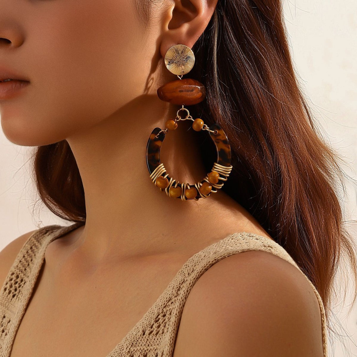 Amber Bohemian Geometric Dangle Earrings with Hand-Wrapped Beaded Details