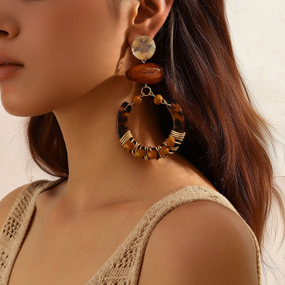 Amber Bohemian Geometric Dangle Earrings with Hand-Wrapped Beaded Details