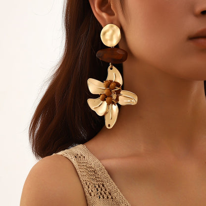 Caramel Gold Flower Drop Earrings