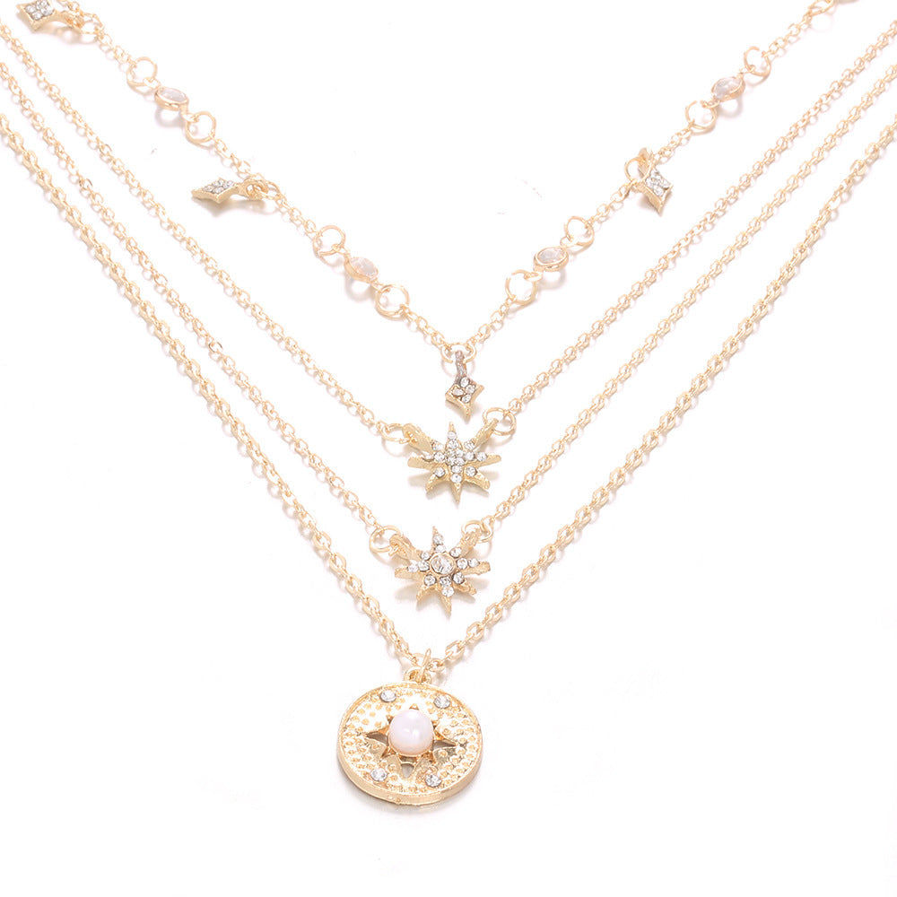 Vintage Layered Necklace for Women with Faux Pearl & Rhinestone Star Pendant