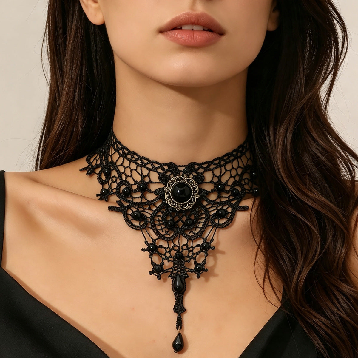 Gothic Vintage Lace Choker Necklace with Teardrop Tassel Pendant