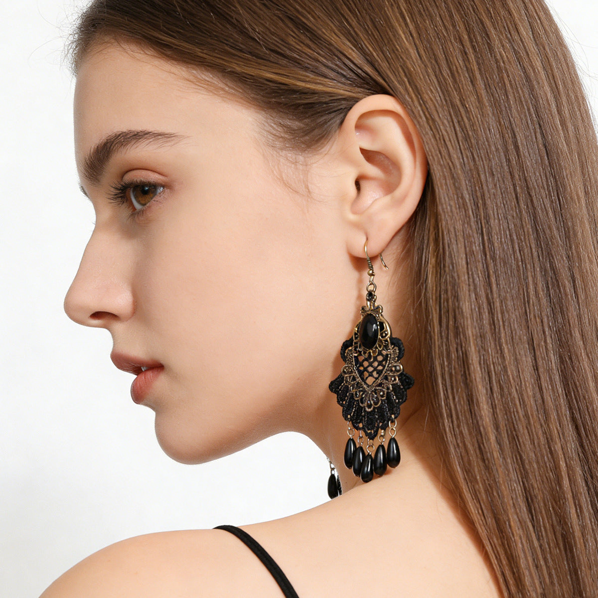 Vintage Lace Tassel Drop Earrings with Jewel-Tone Center