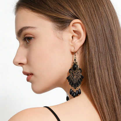 Vintage Lace Tassel Drop Earrings with Jewel-Tone Center