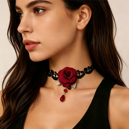 Vintage Red Rose Lace Choker Necklace
