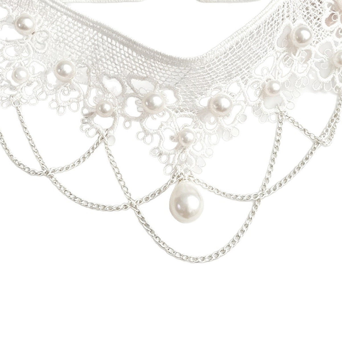 Pearl Lace Choker Necklace with Layered Tassel Details