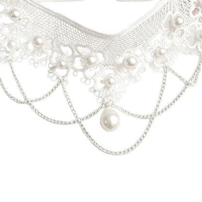 Pearl Lace Choker Necklace with Layered Tassel Details