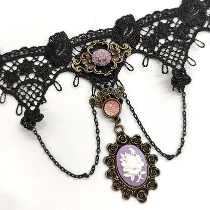 Purple Flower Pendant Black Lace Choker Necklace