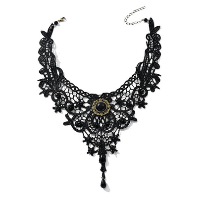 Gothic Vintage Lace Choker Necklace with Teardrop Tassel Pendant