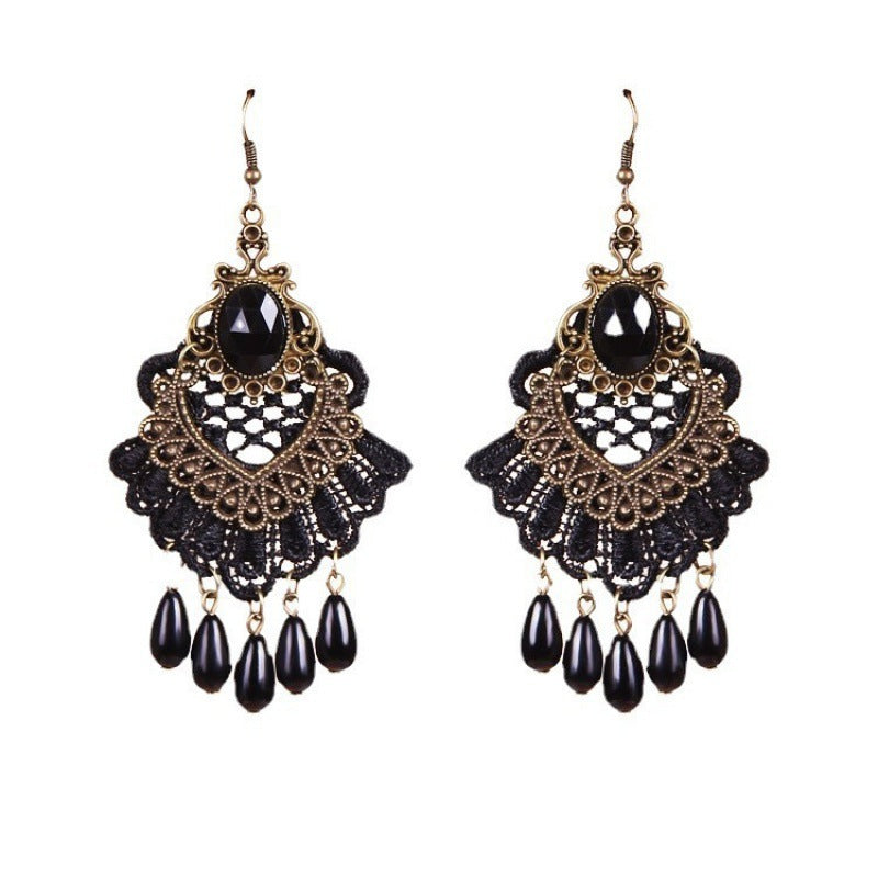 Vintage Lace Tassel Drop Earrings with Jewel-Tone Center