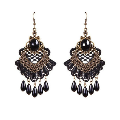 Vintage Lace Tassel Drop Earrings with Jewel-Tone Center